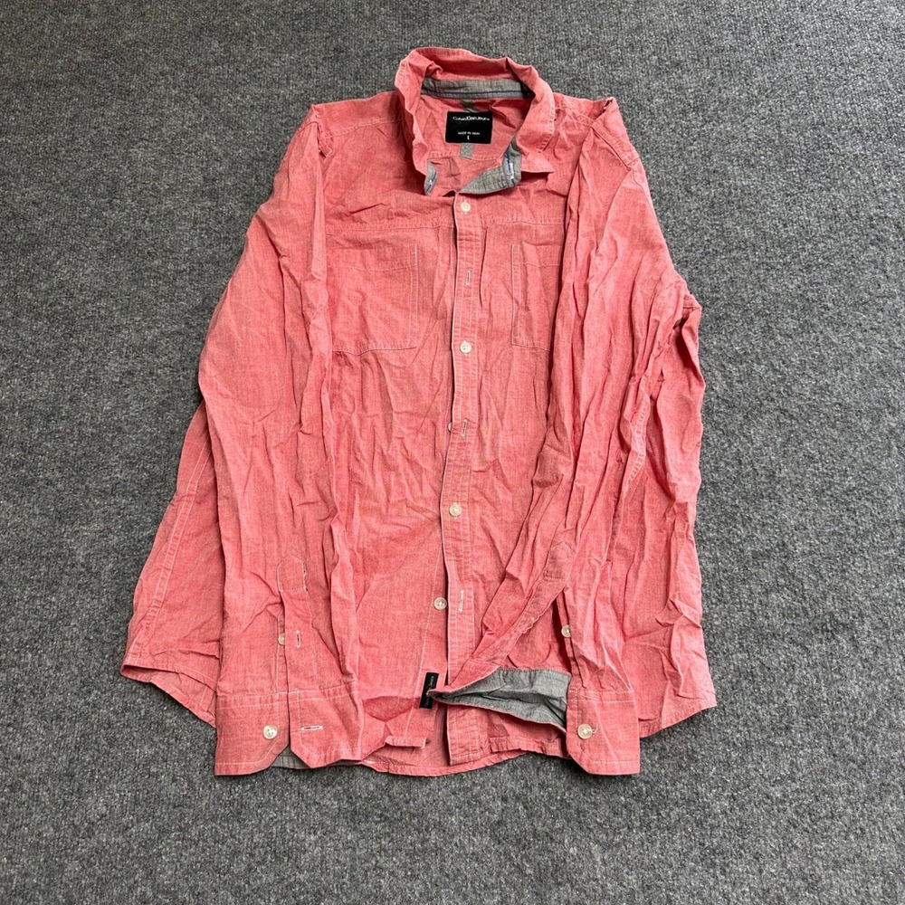 Calvin Klein Jeans Shirt Mens Size L Pink Long Sleeve Button Down Casual Pockets
